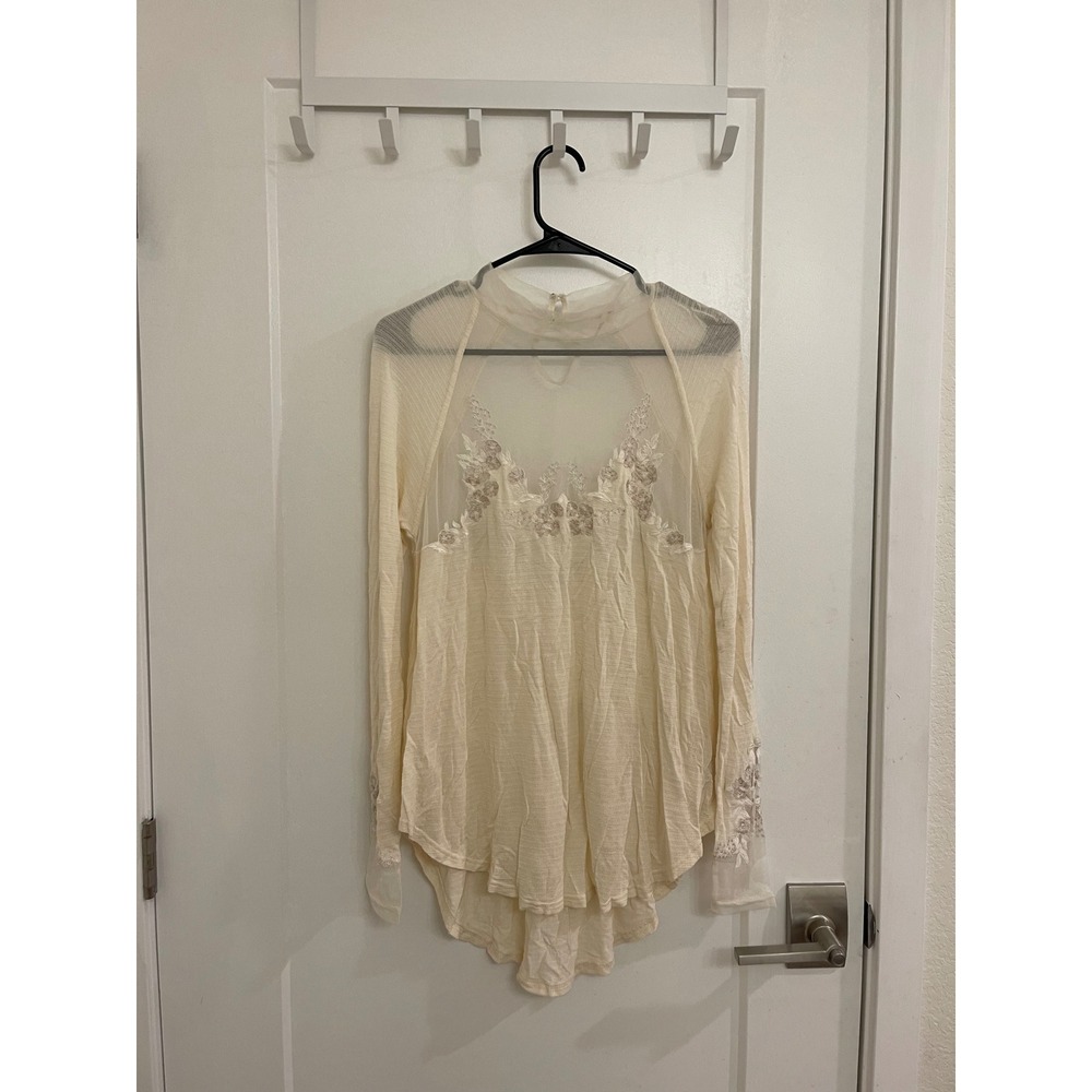 Free People Tunic Mesh Turtle Neck Embroidered Chic Top Boho Indie